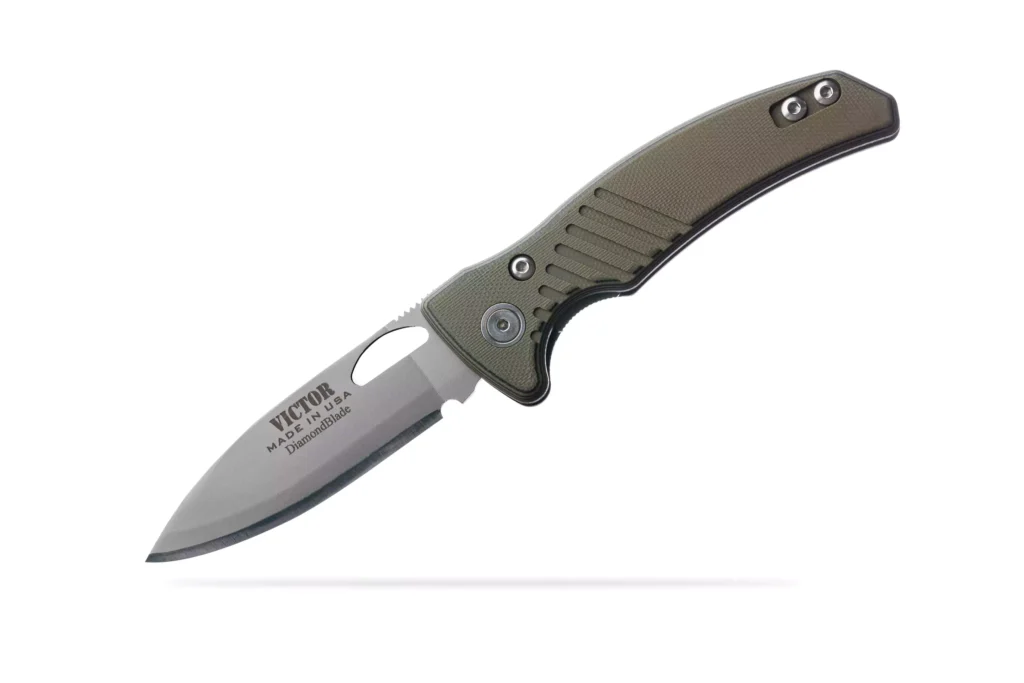 Victor Liner Lock folding knife with G10 OD and black handle featuring Friction Forged Technology by DiamondBlade Knives