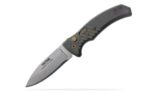 Victor Auto folding knife with OD black handle featuring Friction Forged Technology by DiamondBlade Knives