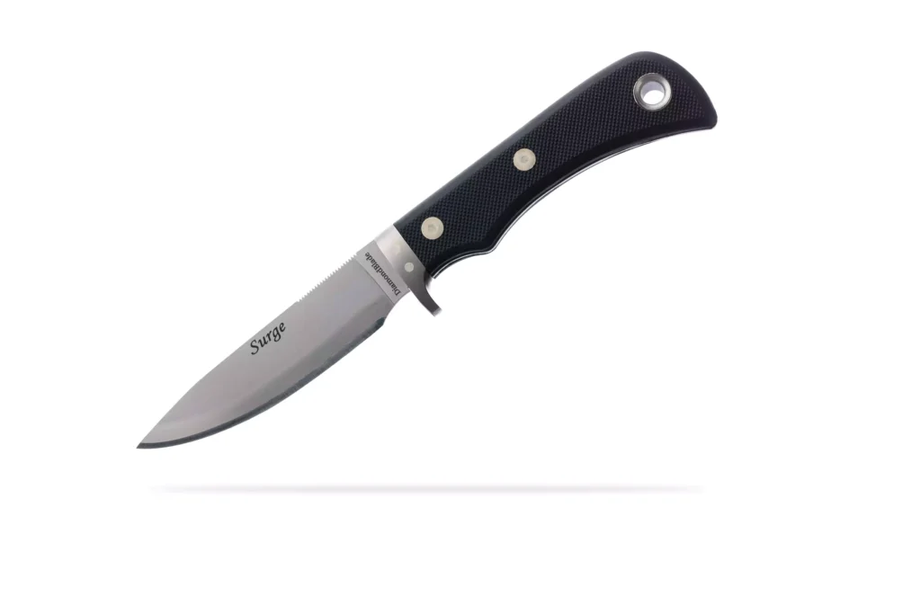 Surge fixed blade knife with black G10 handle and Friction Forged Technology by DiamondBlade Knives