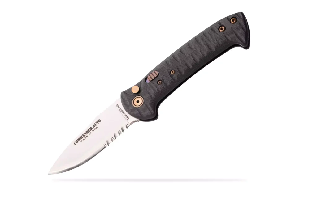Commander Auto knife with black G10 handle and serrated friction-forged D2 blade