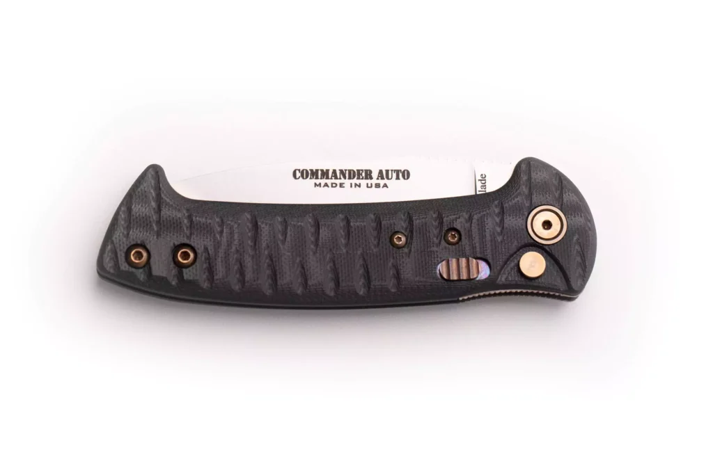 Commander Auto folding knife with black G10 handle in closed position