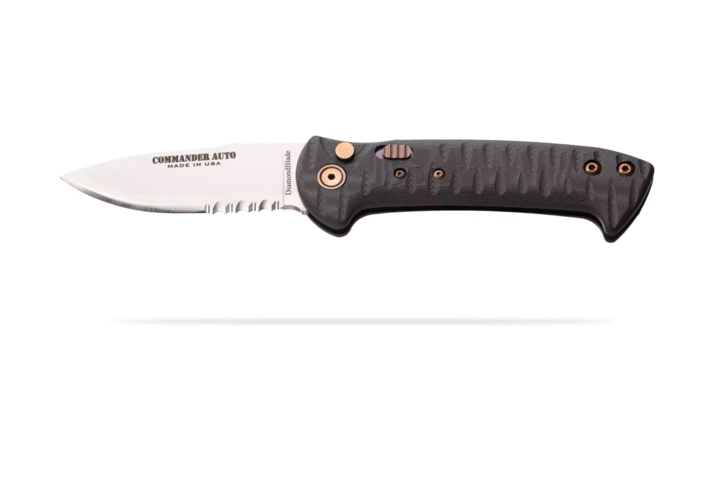 Commander Auto knife with black G10 handle and partially serrated friction-forged D2 blade