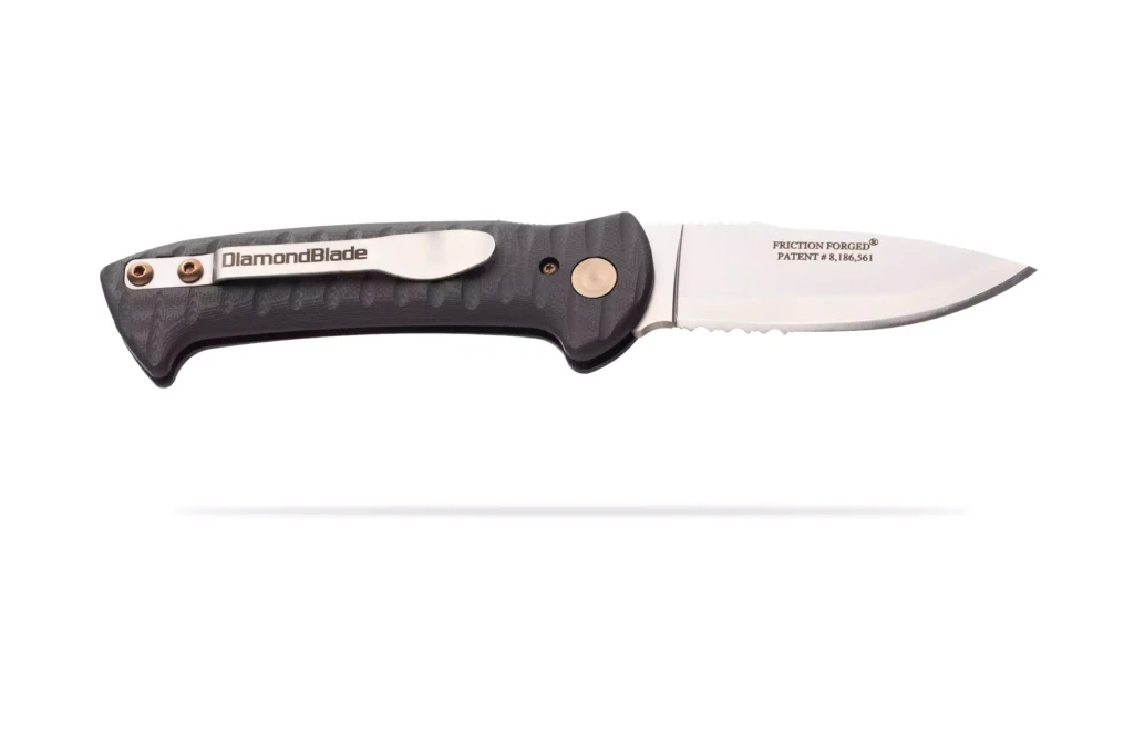 Commander Auto folding knife with G10 handle and partially serrated friction-forged D2 steel blade