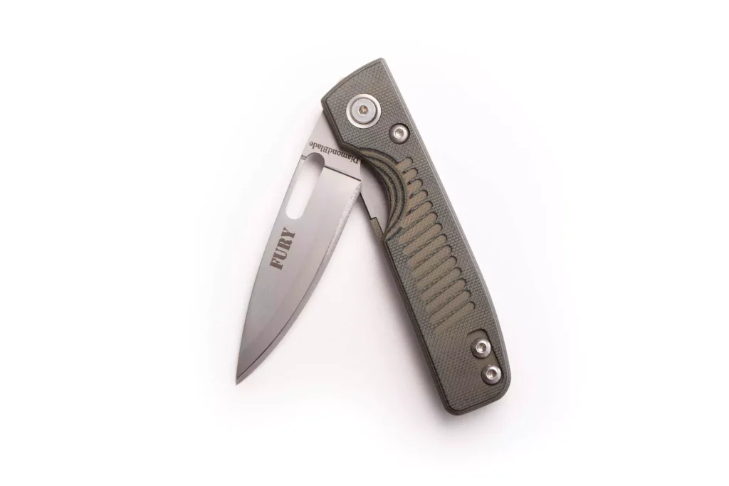 Fury Liner Lock knife with OD green G10 handle and partially open blade