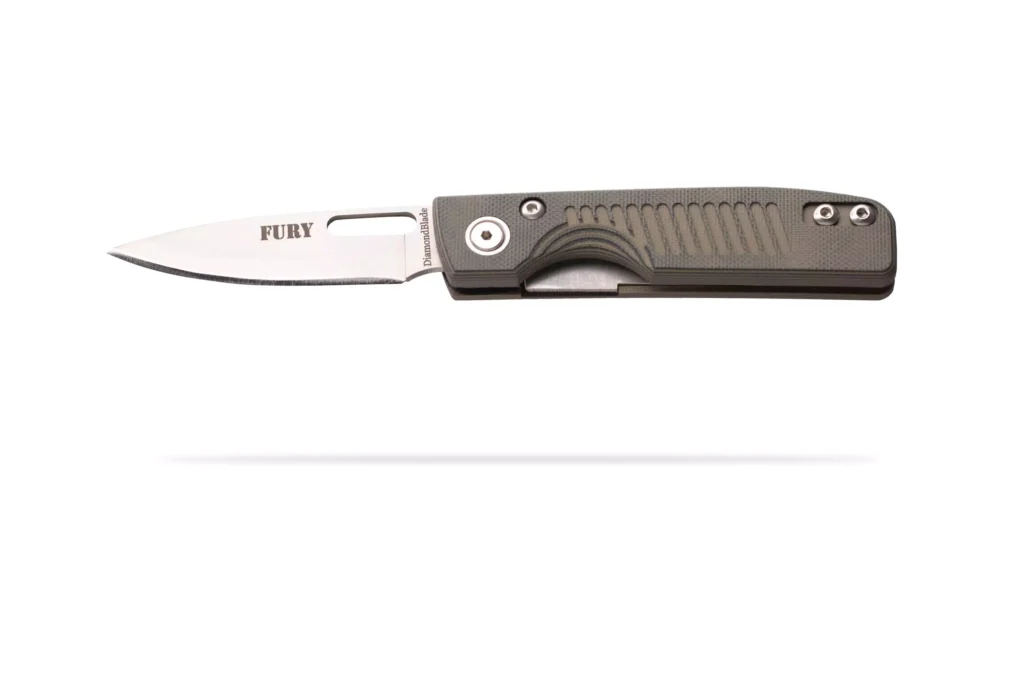 Fury Liner Lock folding knife with OD green G10 handle and open blade