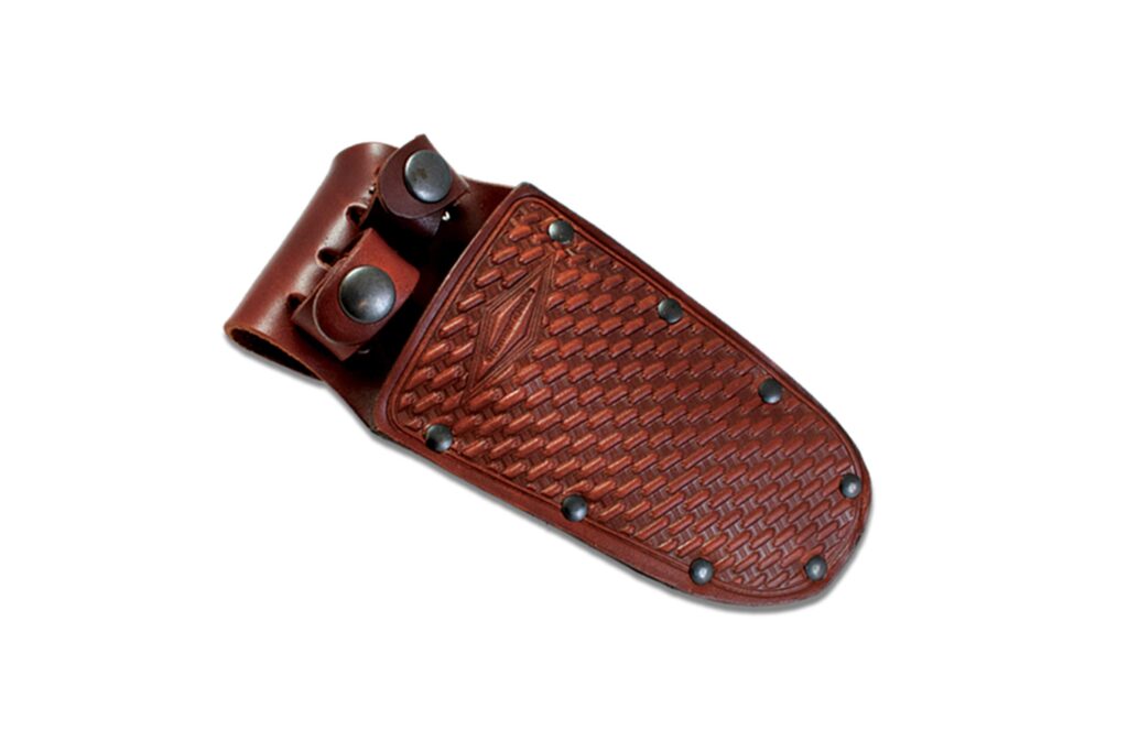 Summit combo leather sheath with tooled basketweave pattern and dual button snaps