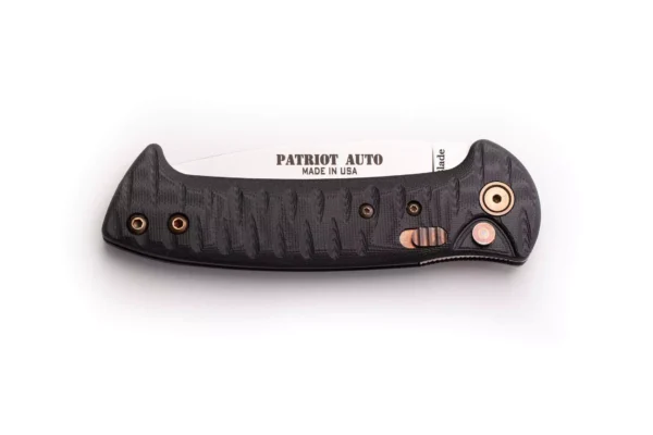 Closed Patriot Auto knife with black G10 handle and auto-open mechanism
