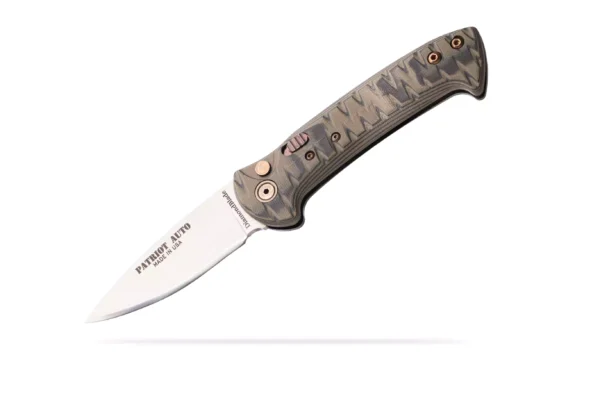 Open Patriot Auto knife with OD black G10 handle and push-button deployment