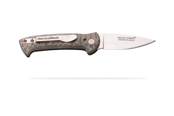 Patriot Auto knife with OD black handle and Friction Forged plain edge blade