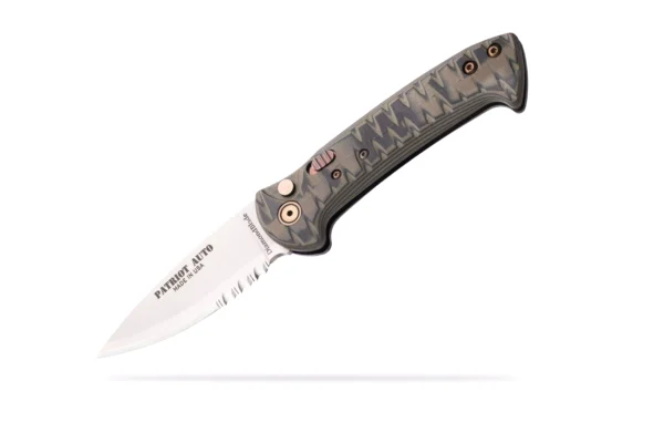 Patriot Auto knife with OD black handle and partially serrated blade deployed