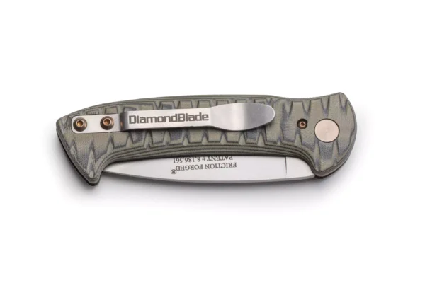 Folded Patriot Auto knife with OD black patterned handle and auto-release button