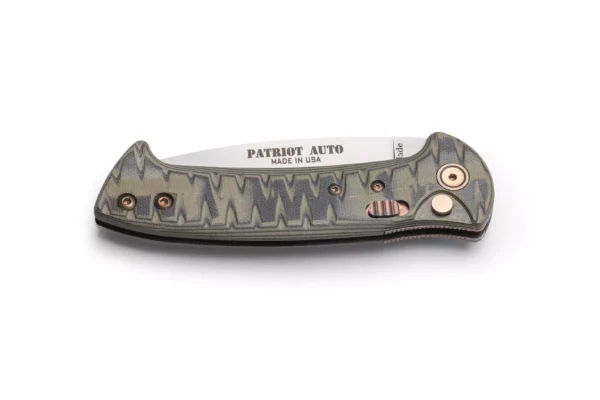 Folded Patriot Auto knife with OD black patterned handle and auto-release button