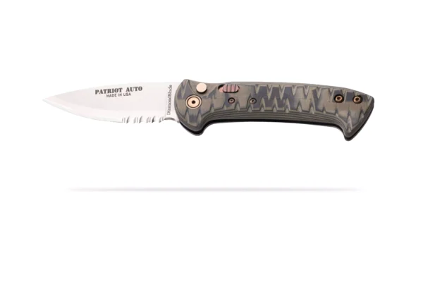 Patriot Auto knife with OD black handle and partially serrated blade by DiamondBlade