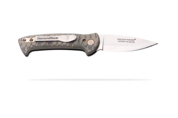 Patriot Auto knife with OD black handle and partially serrated blade by DiamondBlade