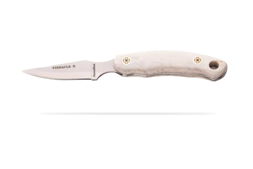 DiamondBlade Pinnacle II knife with stag handle displayed on a white background