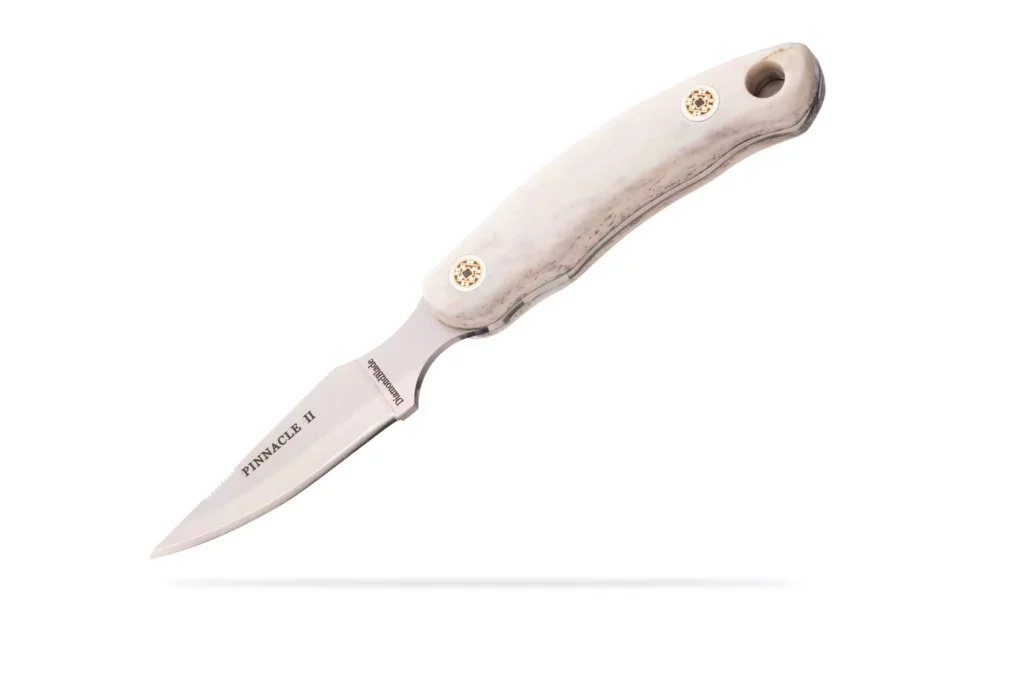 DiamondBlade Pinnacle II knife with stag handle displayed on a white background