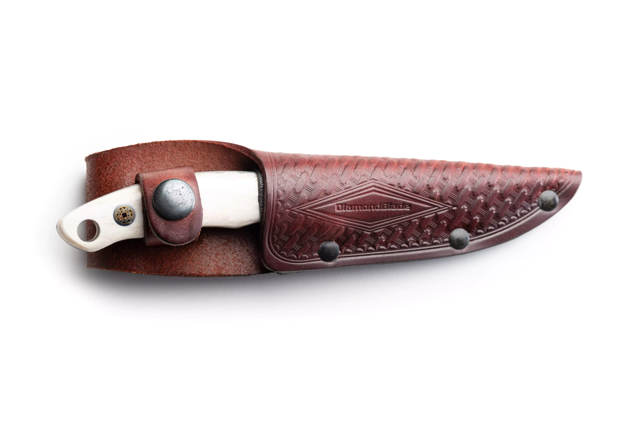 Alpha I knife with stag handle fully secured in custom leather sheath by DiamondBlade Knives, featuring Friction Forged Technology