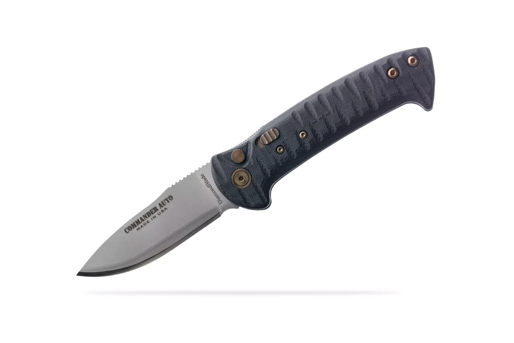 Commander Auto black folding knife by DiamondBlade Knives featuring Friction Forged Technology