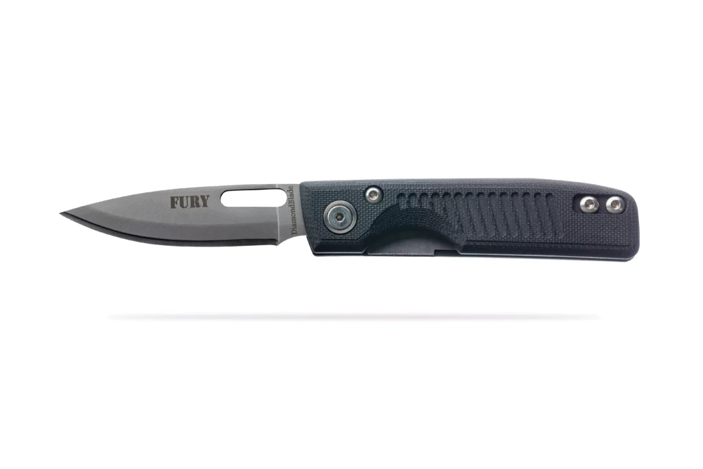 Fury Liner Lock folding knife with black handle by DiamondBlade Knives featuring Friction Forged Technology