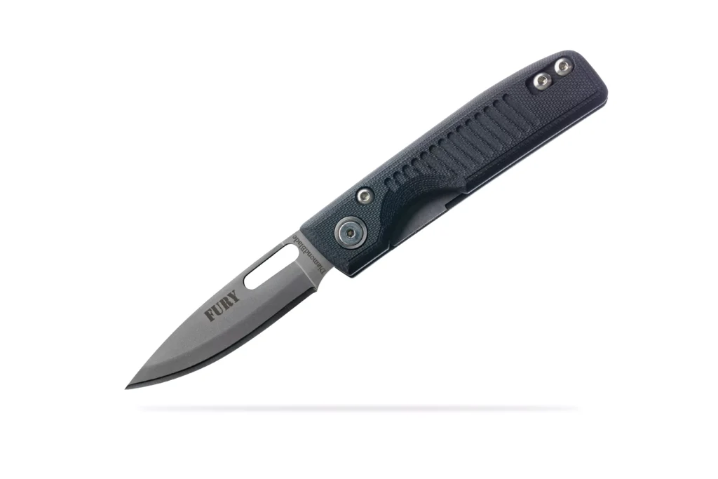 Fury Liner Lock folding knife with black handle by DiamondBlade Knives featuring Friction Forged Technology