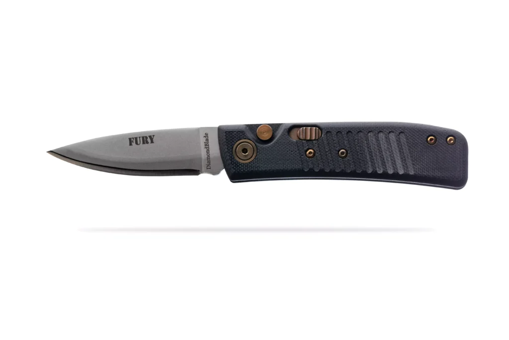 Fury Auto knife in black handle by DiamondBlade Knives with Friction Forged Technology, blade deployed