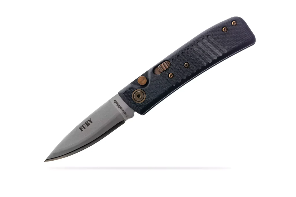 Fury Auto knife in black handle by DiamondBlade Knives with Friction Forged Technology, blade deployed