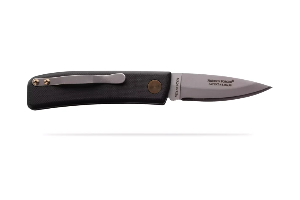Fury Auto folding knife with black handle by DiamondBlade Knives featuring Friction Forged Technology