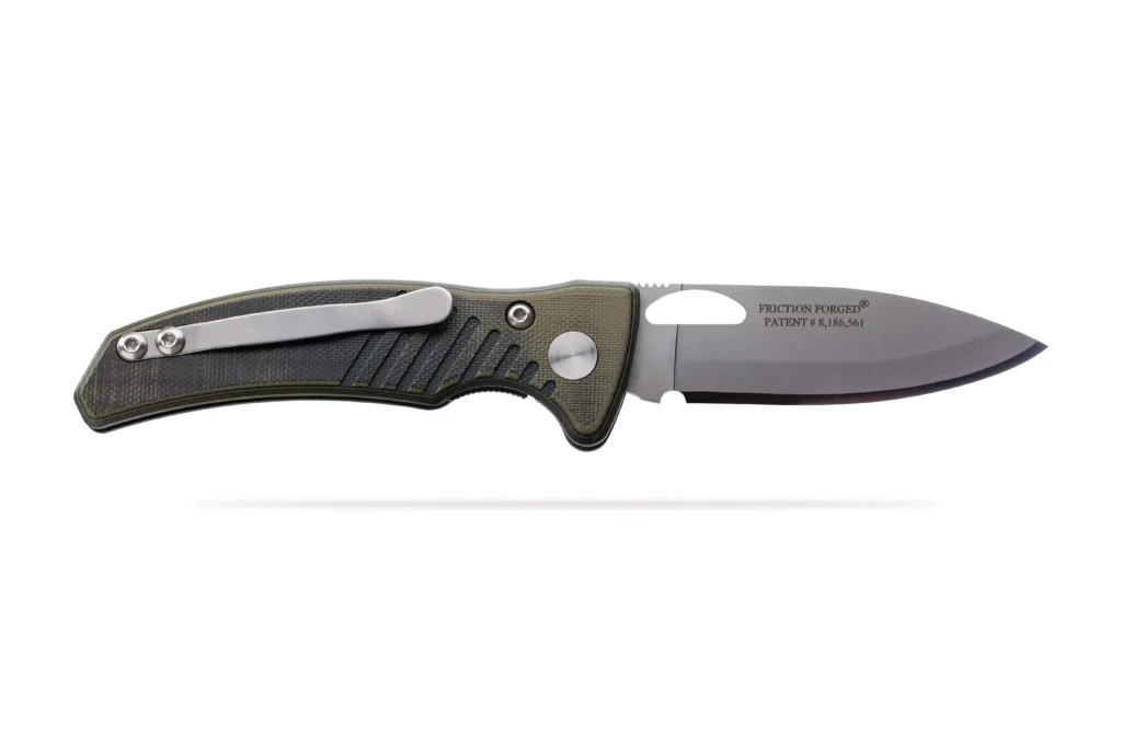 Victor Liner Lock folding knife with OD black handle and Friction Forged blade.