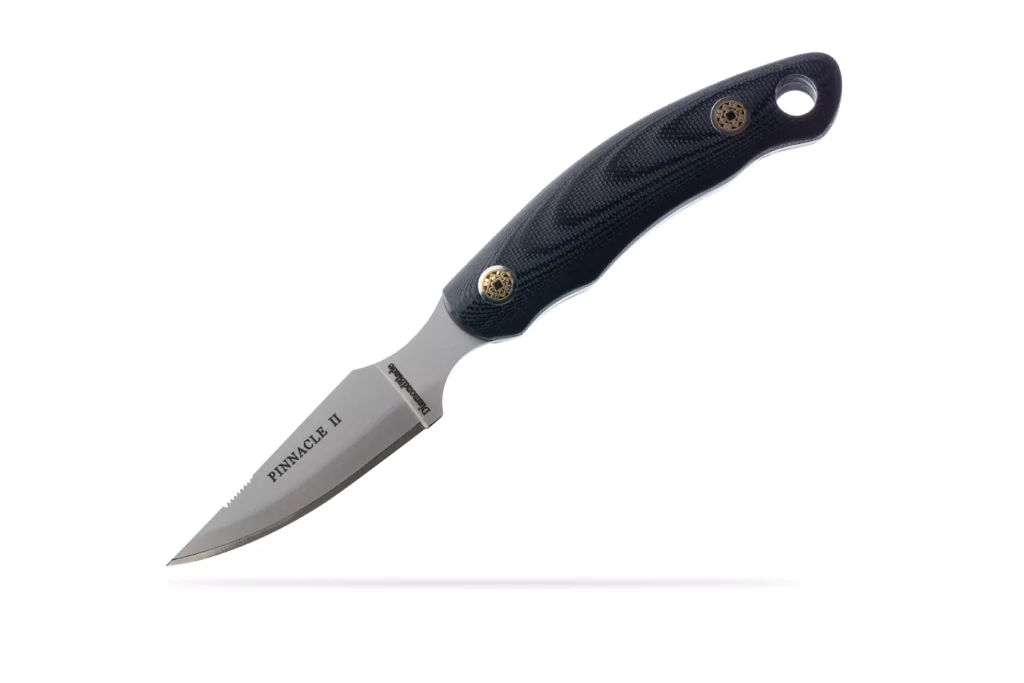 Pinnacle II fixed blade knife with black G10 handle and precision drop point blade