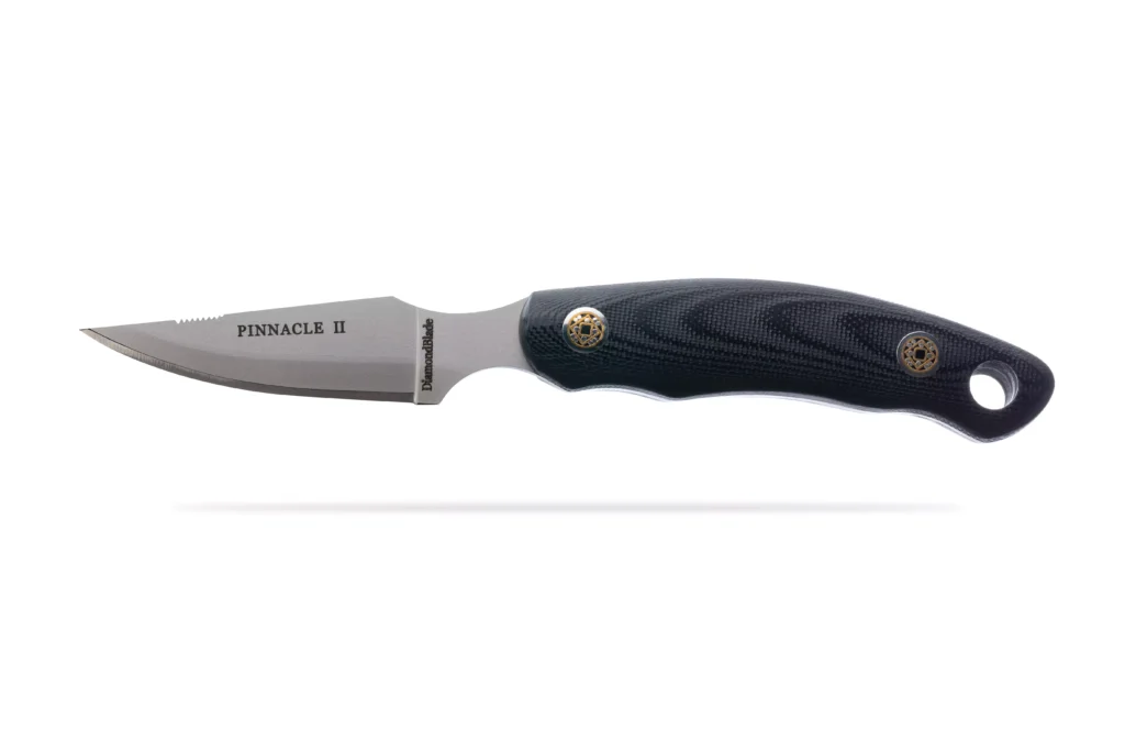 Pinnacle II fixed blade knife with black G10 handle and precision drop point blade