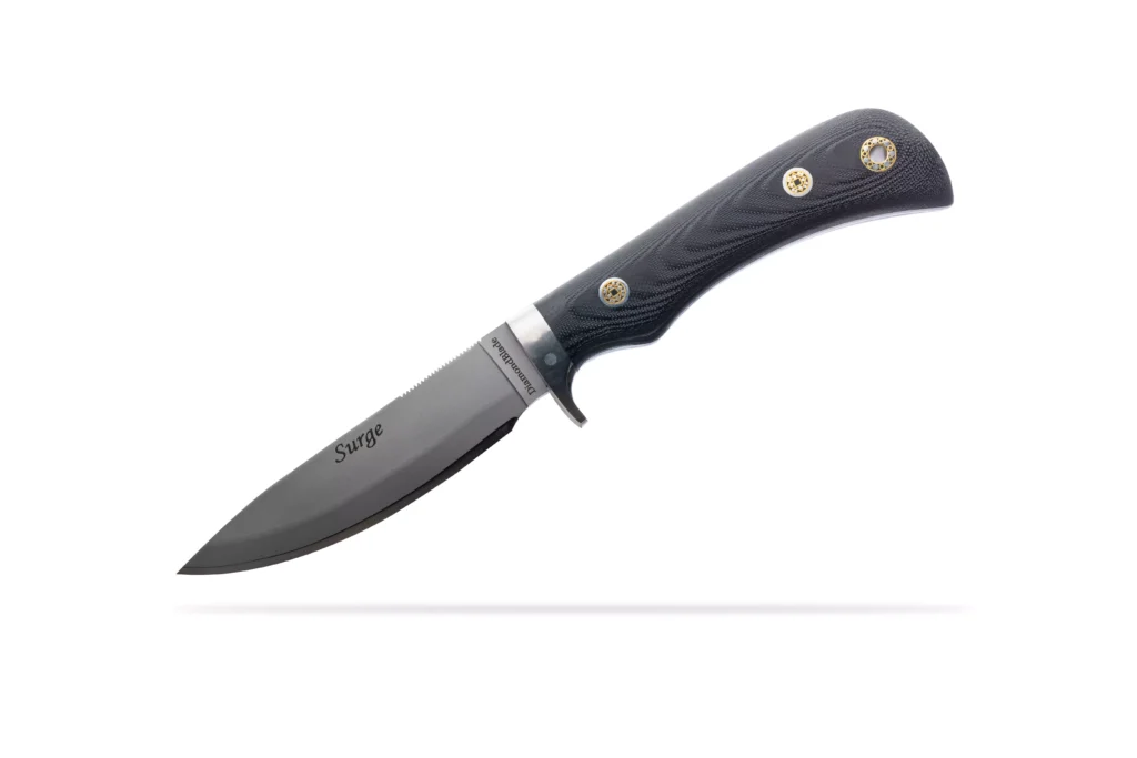 Surge fixed blade knife with G10 OD black handle featuring Friction Forged Technology by DiamondBlade Knives