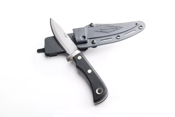 Surge Knife with Black Suregrip Handle Partially Drawn from DiamondBlade Sheath