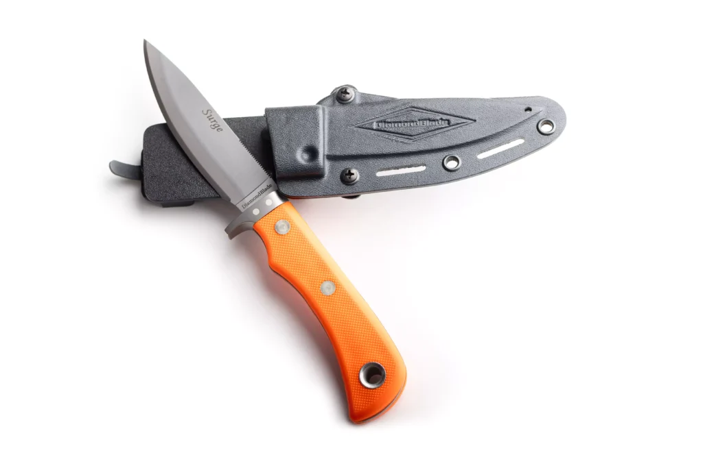 Surge Knife with Orange Handle and Kydex Sheath – DiamondBlade Friction Forged Hunting Knife