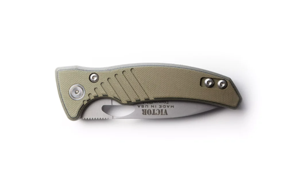 Folded Victor Liner Lock knife with OD black G10 handle and Friction Forged Technology blade