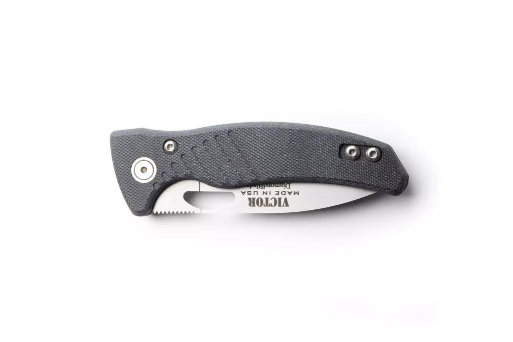 Folded DiamondBlade Victor Liner Lock knife with black G10 handle and Friction Forged Technology