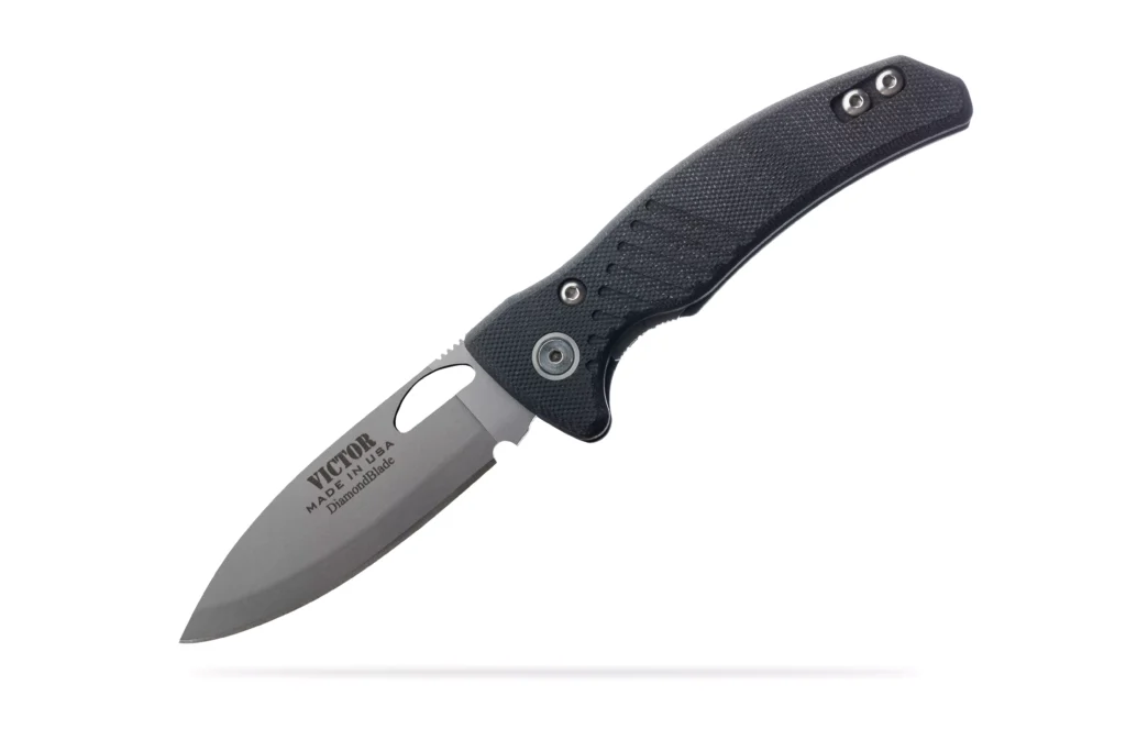 Victor Liner Lock folding knife with black G10 handle and Friction Forged blade by DiamondBlade Knives