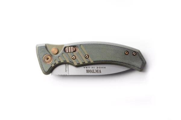 Victor Auto folding knife closed with OD black G10 handle and Friction Forged blade by DiamondBlade Knives