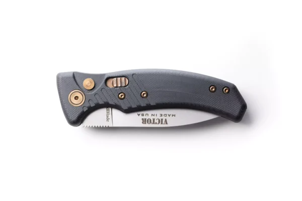 DiamondBlade Knives Victor Auto folding knife with black handle and Friction Forged blade in closed position