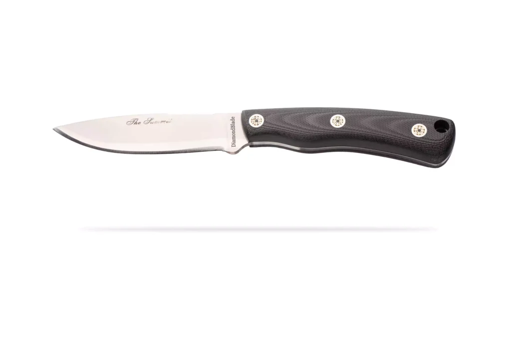 DiamondBlade Summit fixed-blade knife with black G10 handle and patented friction-forged blade