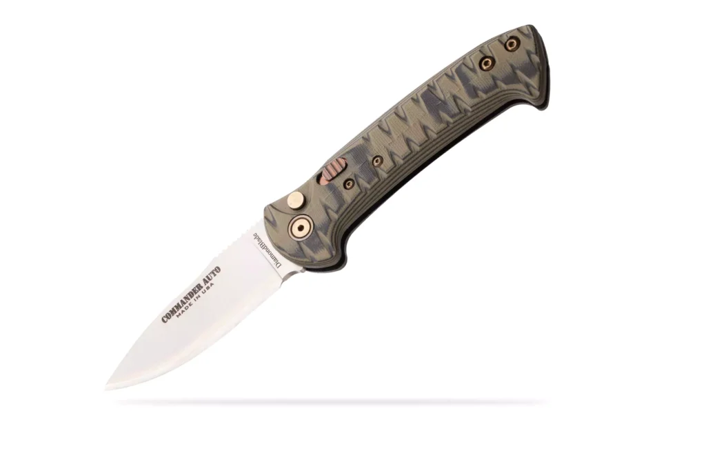 Commander Auto folding knife with OD G10 handle by DiamondBlade Knives, featuring Friction Forged Technology.