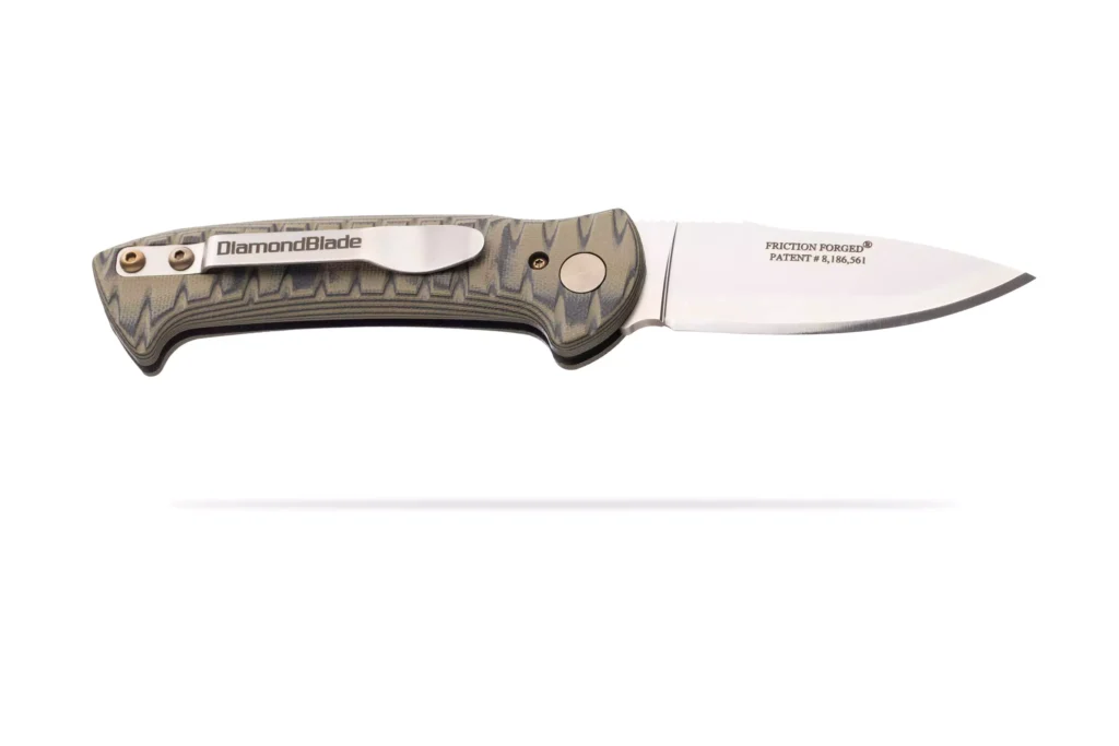 DiamondBlade folding knife with OD green G10 handle featuring Friction Forged Technology.