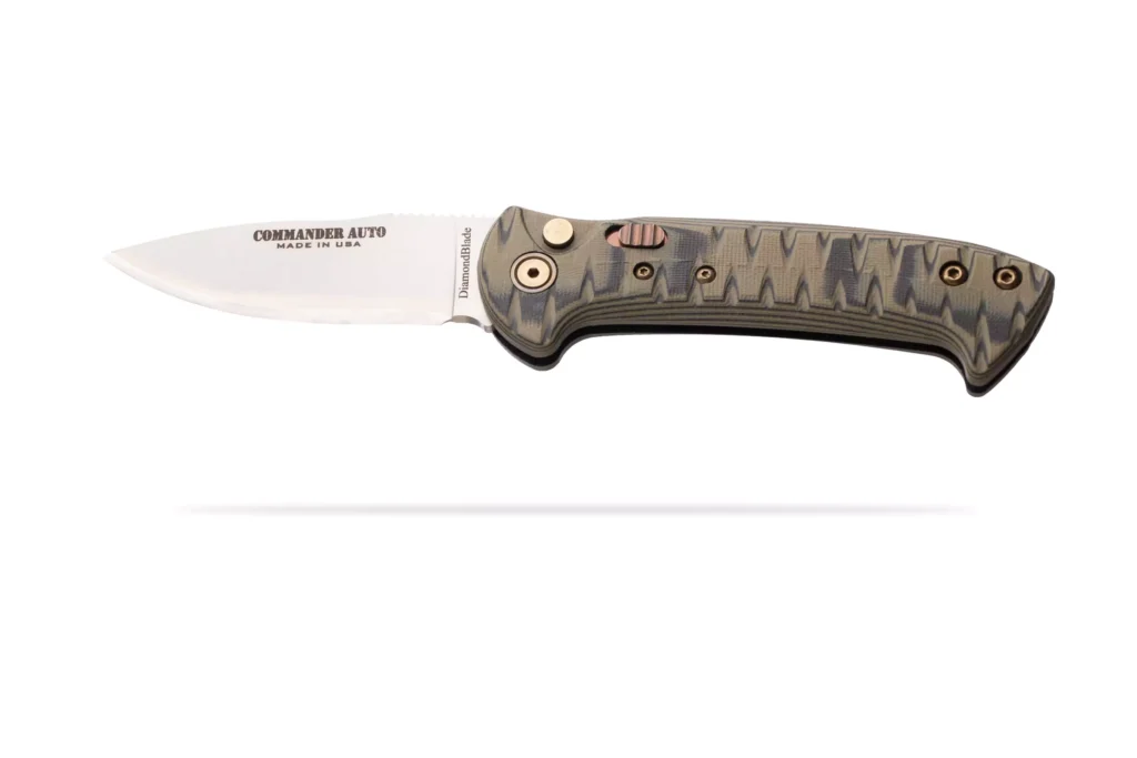 Commander Auto folding knife with OD G10 handle by DiamondBlade Knives featuring Friction Forged Technology.