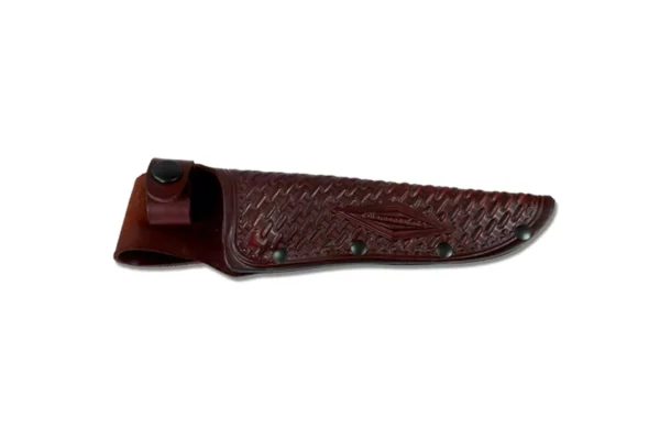 Heritage leather sheath by DiamondBlade Knives with basketweave pattern and secure snap loop