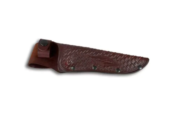 Meridian leather sheath by DiamondBlade Knives featuring classic basketweave tooling and snap closure