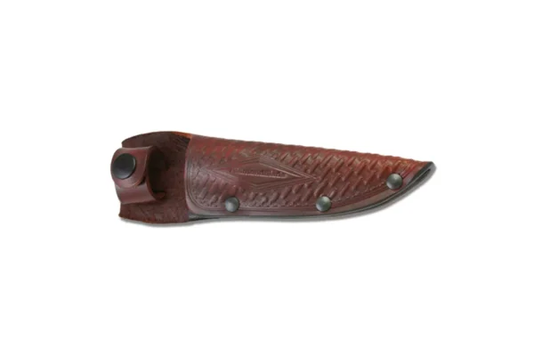 Pinnacle II leather sheath by DiamondBlade Knives featuring basketweave design and secure belt loop