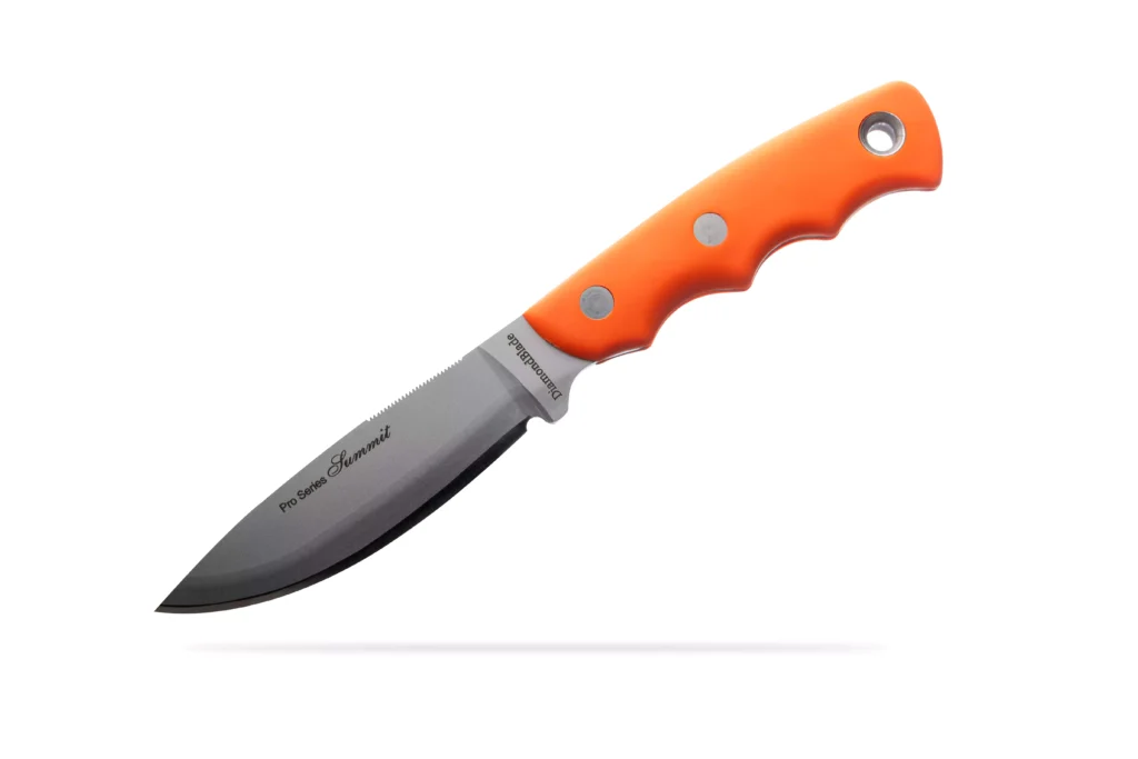 Pro Series Summit fixed blade knife with bright orange handle, crafted by DiamondBlade Knives using Friction Forged Technology.