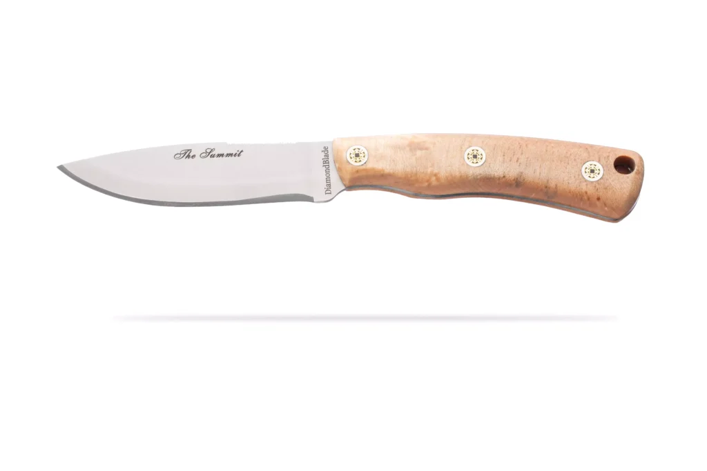 DiamondBlade Summit knife with polished burlwood handle and fixed blade
