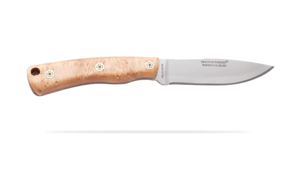 DiamondBlade Summit knife with polished burlwood handle and fixed blade