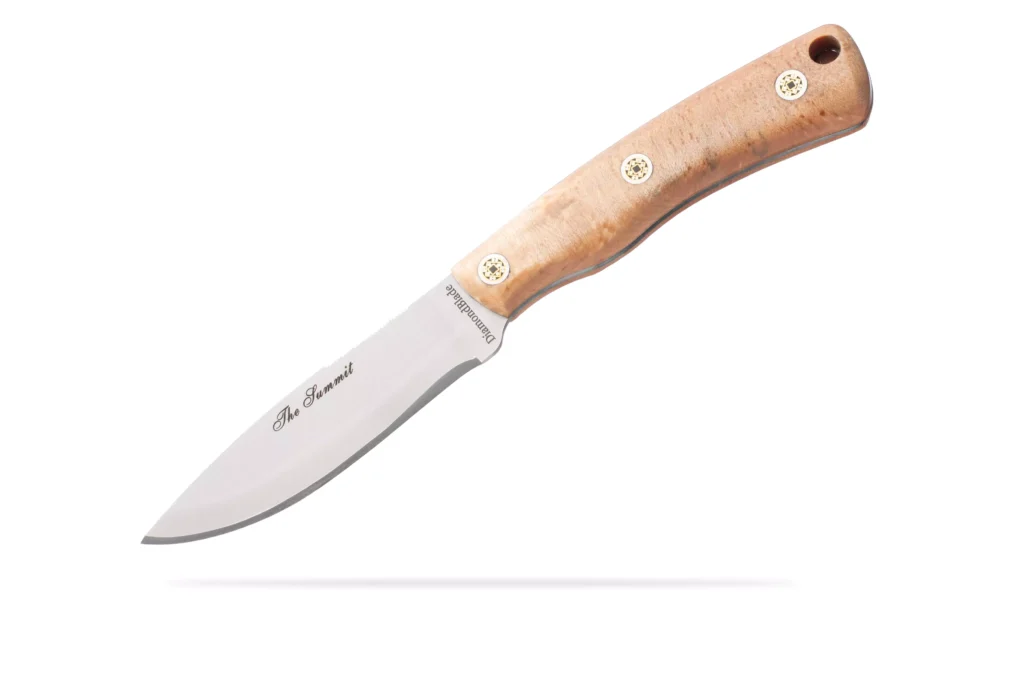 DiamondBlade Summit knife with polished burlwood handle and fixed blade