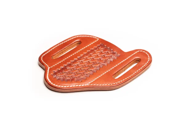 Handcrafted leather sheath for DiamondBlade Summit Folder knife with basketweave tooling